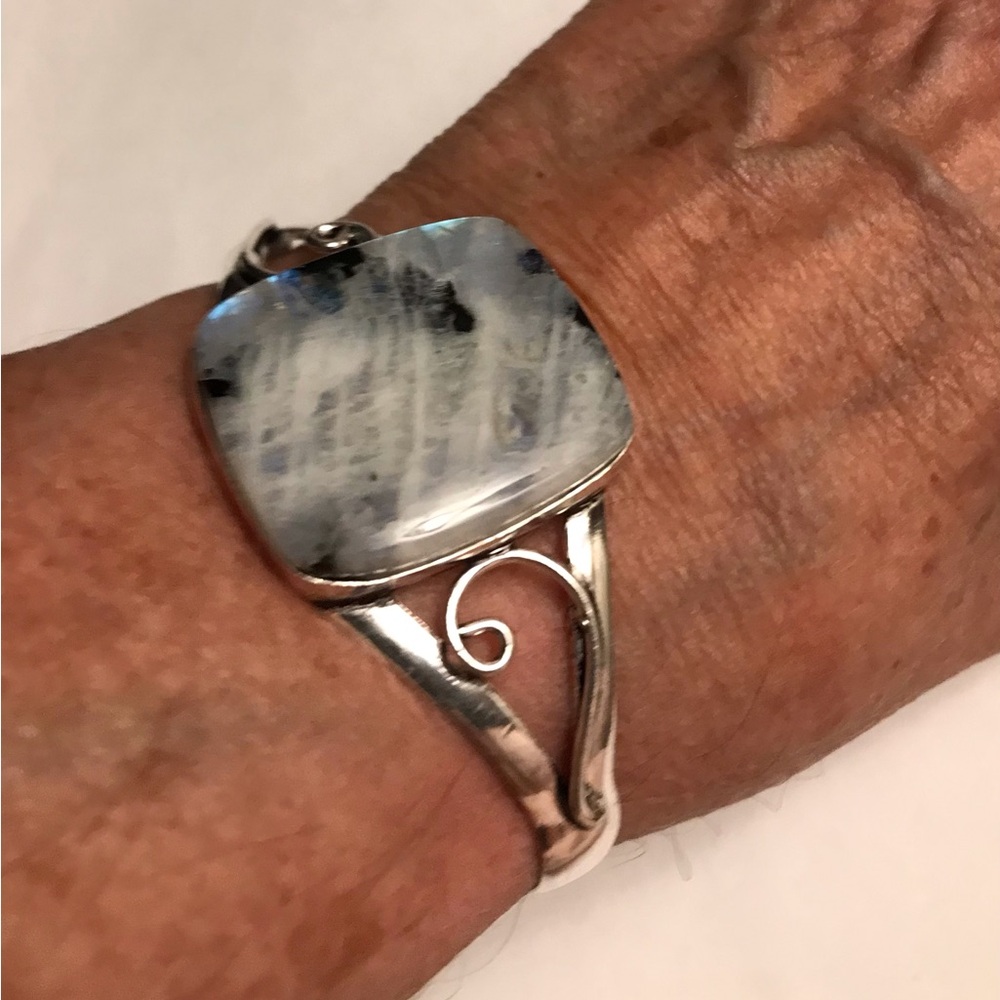 Rainbow Fire Moonstone Stamped 925 Sterling Silver Cuff Bracelet